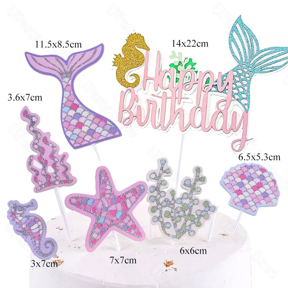 Mermail Cake Decoration Glitter Blue Pink Purple Soft Ceramic Mermail Tail Cake Toppers for Girls Birthday Baby Shower Party Dec