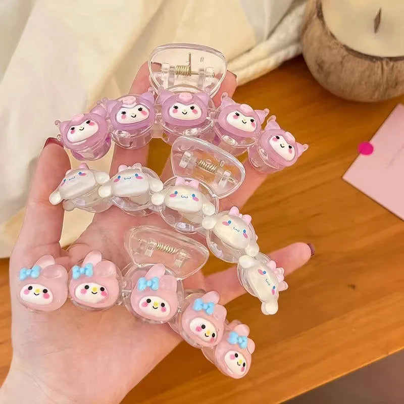 Sanrio Japanese Glitter Hair Claws Crystal Clear Ponytail Clips with Anime Charm Kawaii Hair Accessories Non-Slip Barrettes