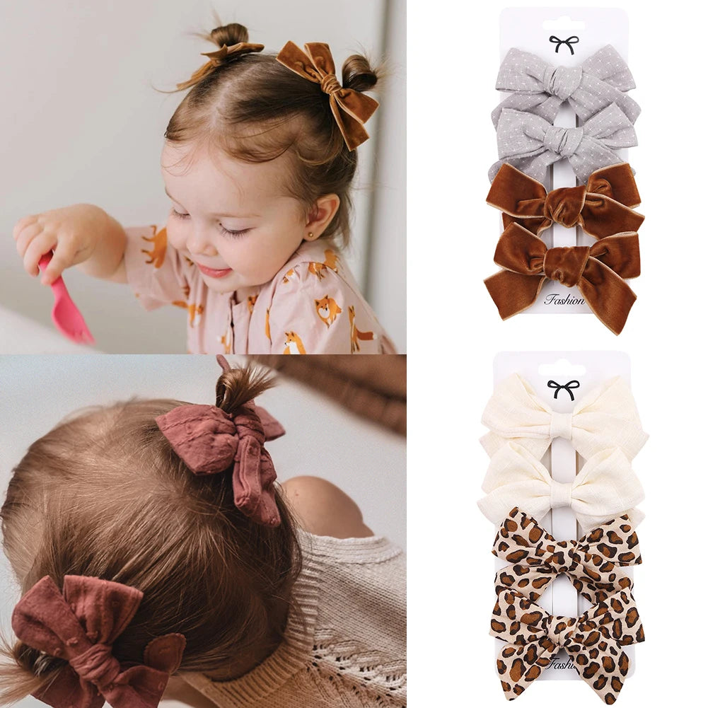 4Pcs/set Floral Print Hair Bow Clips Baby Girls Lace Cotton Linen BB Barrettes Safety Hairpins Korea Kids Headwear Accessories