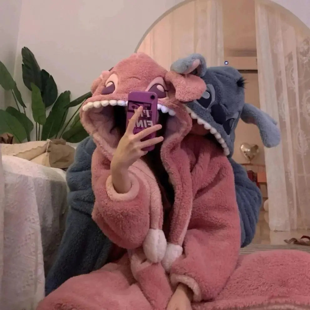 2024 New Lilo & Stitch Winter Thickened Plush Cosplay Cartoon Hooded Couple Pajamas Flannel Men & Women Loungewear Set