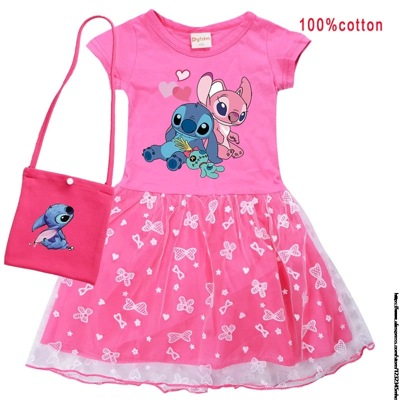 Hot Lilo And Stitch Girls Children Spring Summer Tutu Stitch Dress +Bag Kids Princess Girls Birthday Party Dress Costume