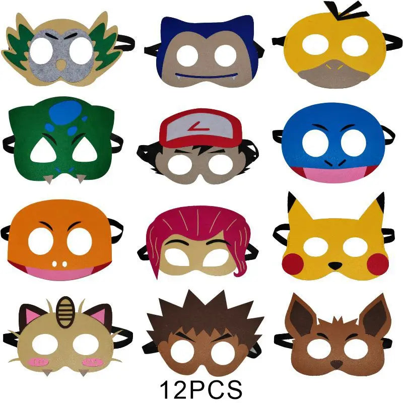 12Pcs Pokemon Felt Mask Anime Cosplay Pikachu Eevee Eye Mask Kids Birthday Party Decoration Dress Up Masquerade Party Supplies