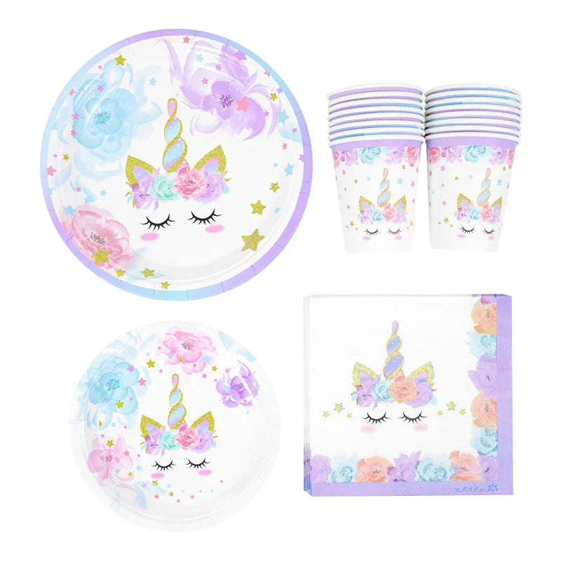 48Pcs/Set Unicorn Theme Birthday Disposable Tableware Set Paper Plates Napkins Cups Birthday Party Decoration Kids Favors Gift