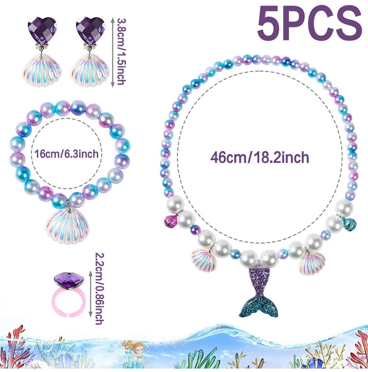 5Pcs/set Girl Princess Mermaid Shell Charm Necklace Bracelet Jewelry Set for Daughter Niece Children Favor Birthday Party Favor