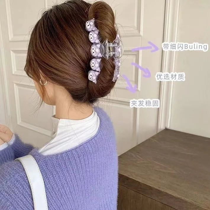 Sanrio Japanese Glitter Hair Claws Crystal Clear Ponytail Clips with Anime Charm Kawaii Hair Accessories Non-Slip Barrettes