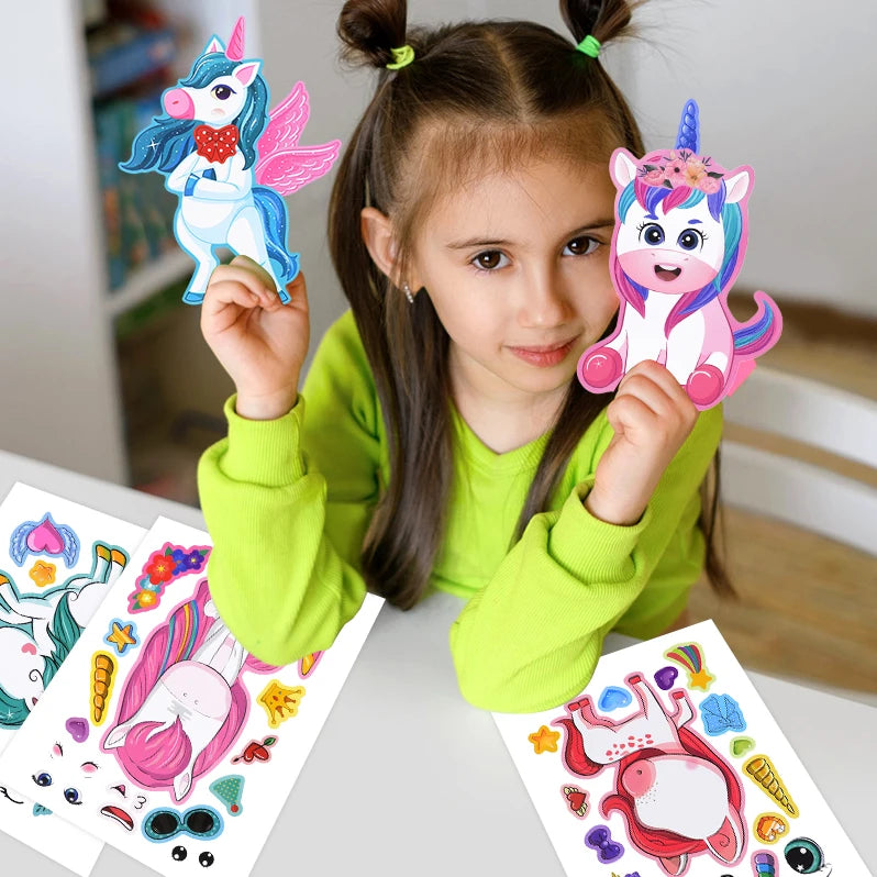 6/12Sheets Cartoon Unicorn Make A Face Assemble DIY Sticker Girls Unicorn Birthday Party Decoration Supplies Gifts for guests