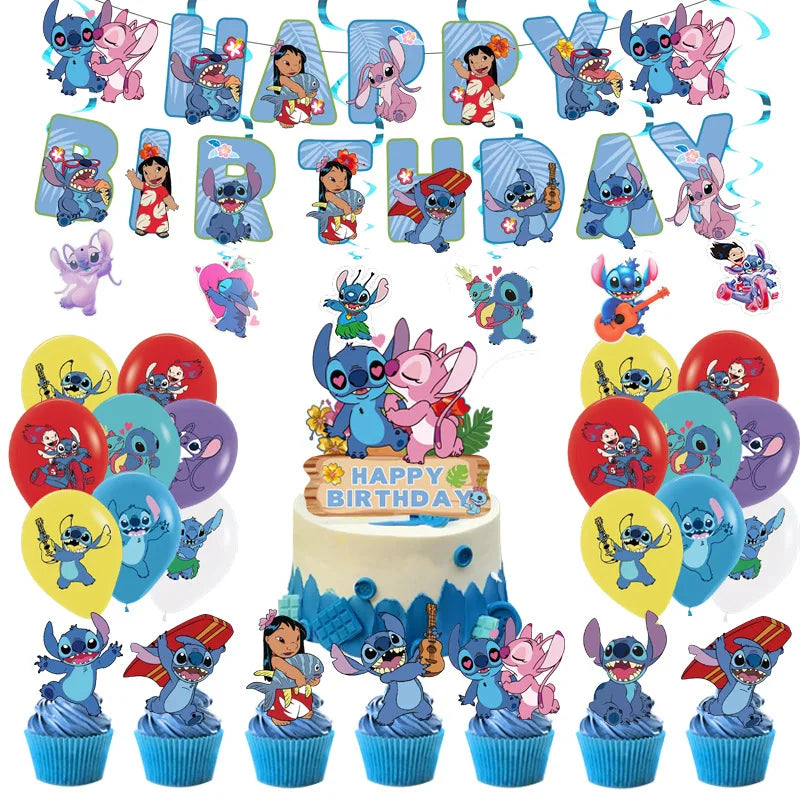 Stitch Birthday Party Decoration Pink Angel&Stitch Theme Event Supplies For Kids Balloon Disposable Tableware Banner Backdrop