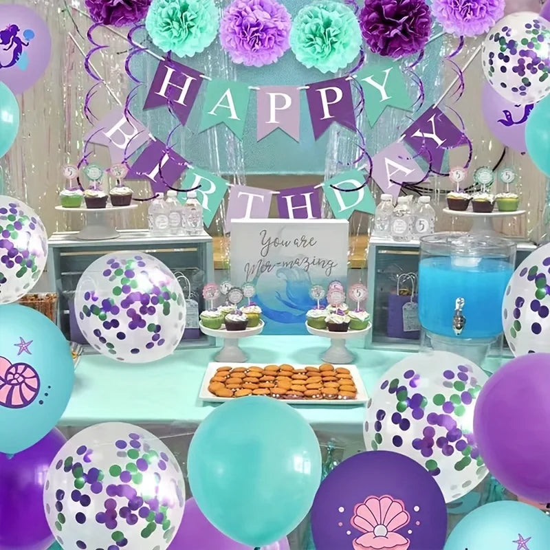 10pcs Mermaid Balloon Printed Colorful Paper Scrap Latex Blue Purple Ocean Balloon Mermaid Party Decoration Supplies