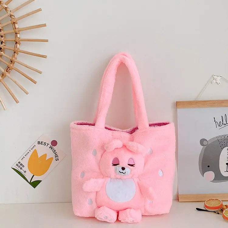 MINISO 2024 New Cartoon Plush Doll Shoulder Bag Sweet and Cute Stitch Strawberry Bear Soft Cute Girls Handbag