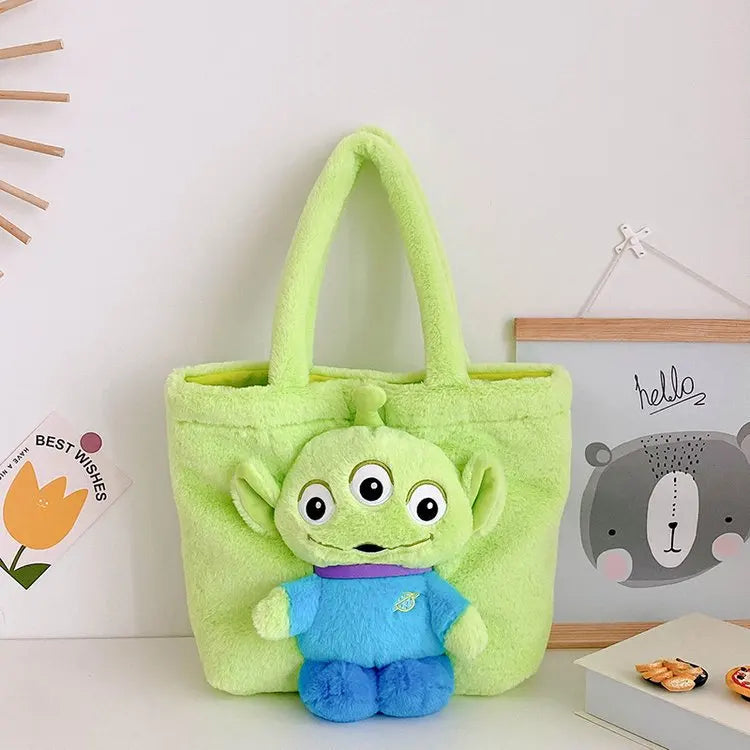 MINISO 2024 New Cartoon Plush Doll Shoulder Bag Sweet and Cute Stitch Strawberry Bear Soft Cute Girls Handbag