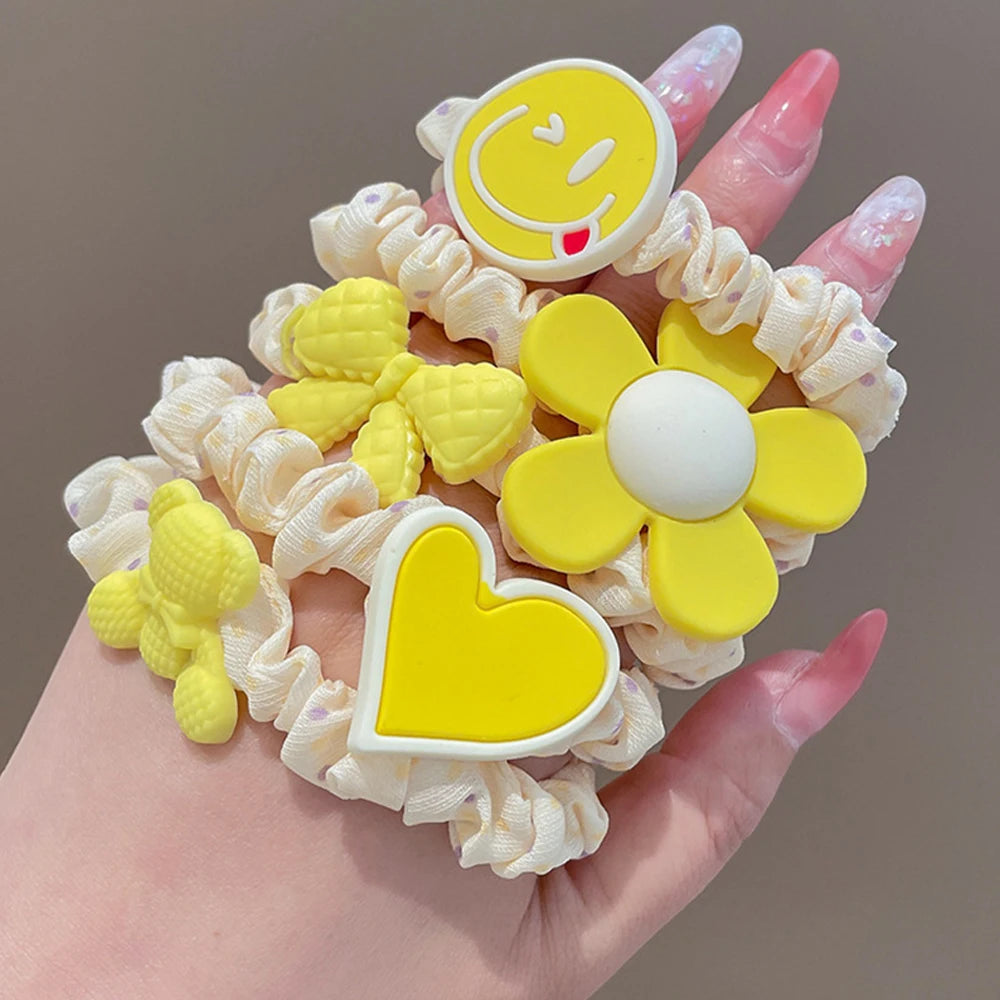 5pcs/Set Cartoon Bear Bowkont Heart Charms Scrunchies Candy Color Satin Hair Ties Ponytail Holder Hair Ropes Kid Girls Headwear
