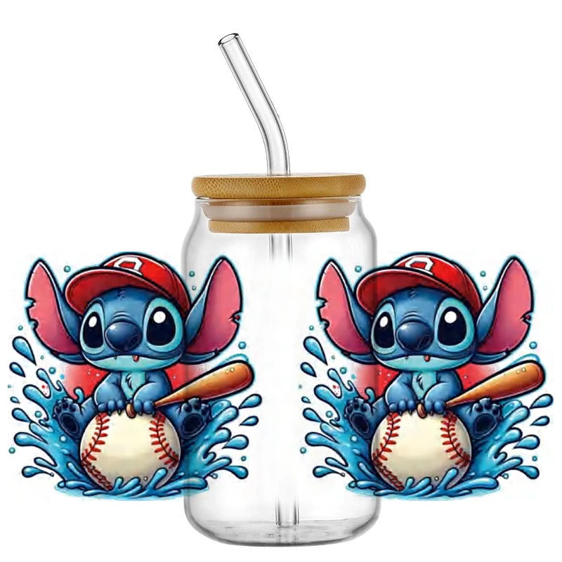 Miniso Stitch Baseball 16OZ UV DTF Cup Wraps Transfer Sticker For Glass Libbey Can Bottle waterproof DIY Custom