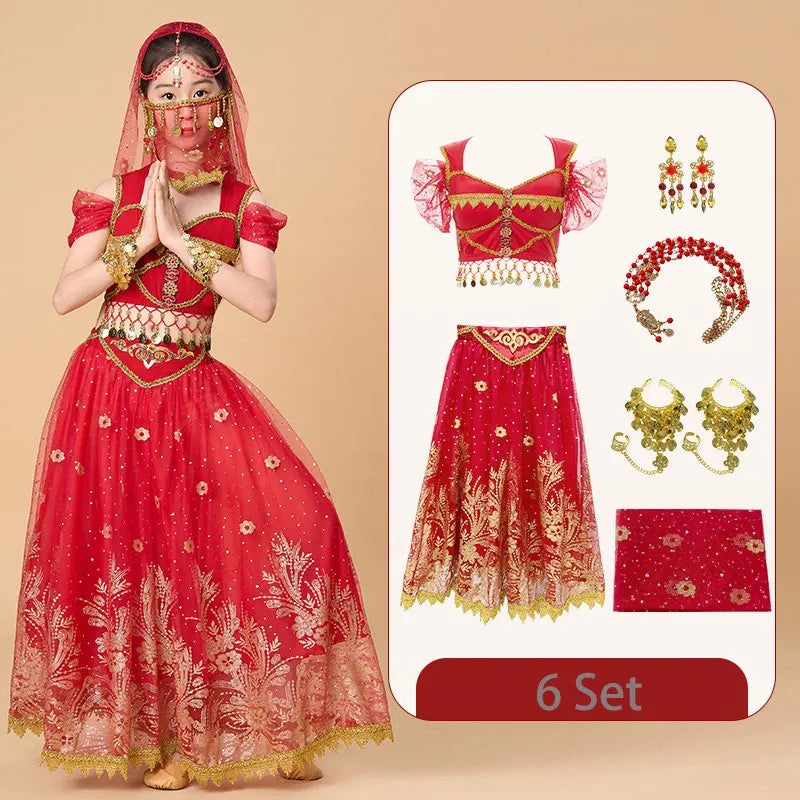  Kids India Princess Belly Dance Set Oriental Indian Dance Sari Girl Performance Costume Bollywood Children Stage Outfit