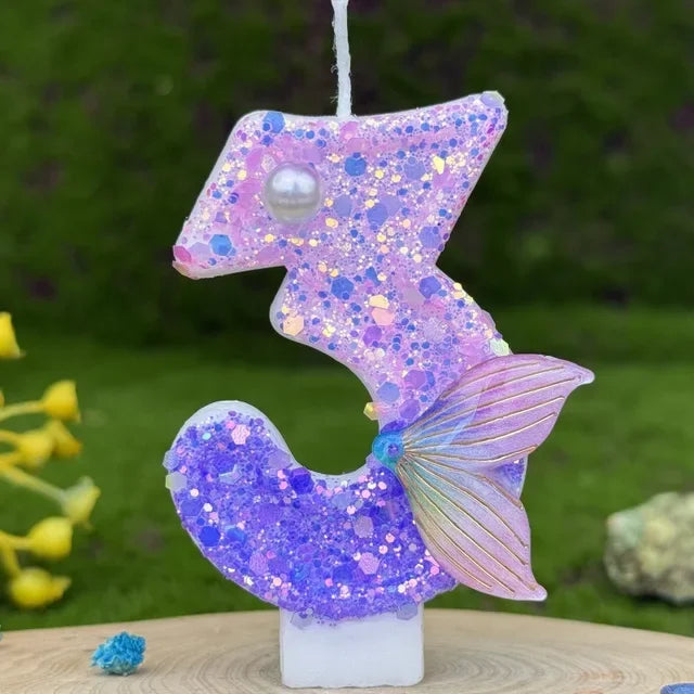 Purple Mermaid Tail Glitter 0-9 Number Candle Birthday Party Candle for Girls Cake Decoration