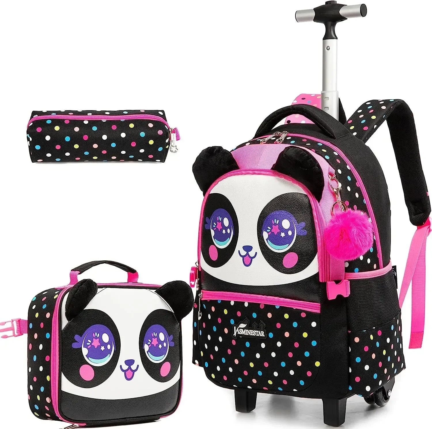 3PCS Cute Rolling Backpack for Girls Backpacks with Wheels for Elementary Students Kids 3 in 1 Travel Luggage Carry on Suitcase