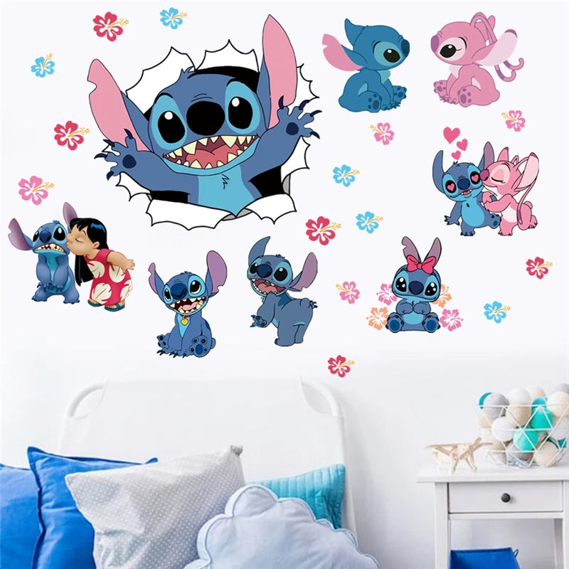 3D Broken Wall Lilo & Stitch Wall Stickers For Kid's Room Kindergarten Living Room Bedroom Wall Decoration Animated Poster
