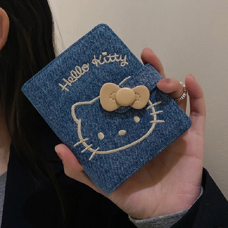 Cute Hello Kitty Denim Mini Portable Bag Cartoon Anime Embroidery Coin Card Passport Holder