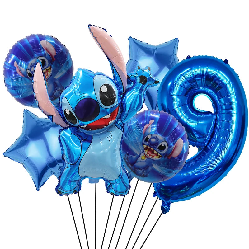 6 Pcs Blue Stitch Foil Balloons Set Digit 1-9 Years Old Balloons Cartoon Stitch Themed Baby Shower Kids Birhday Party Decoraions