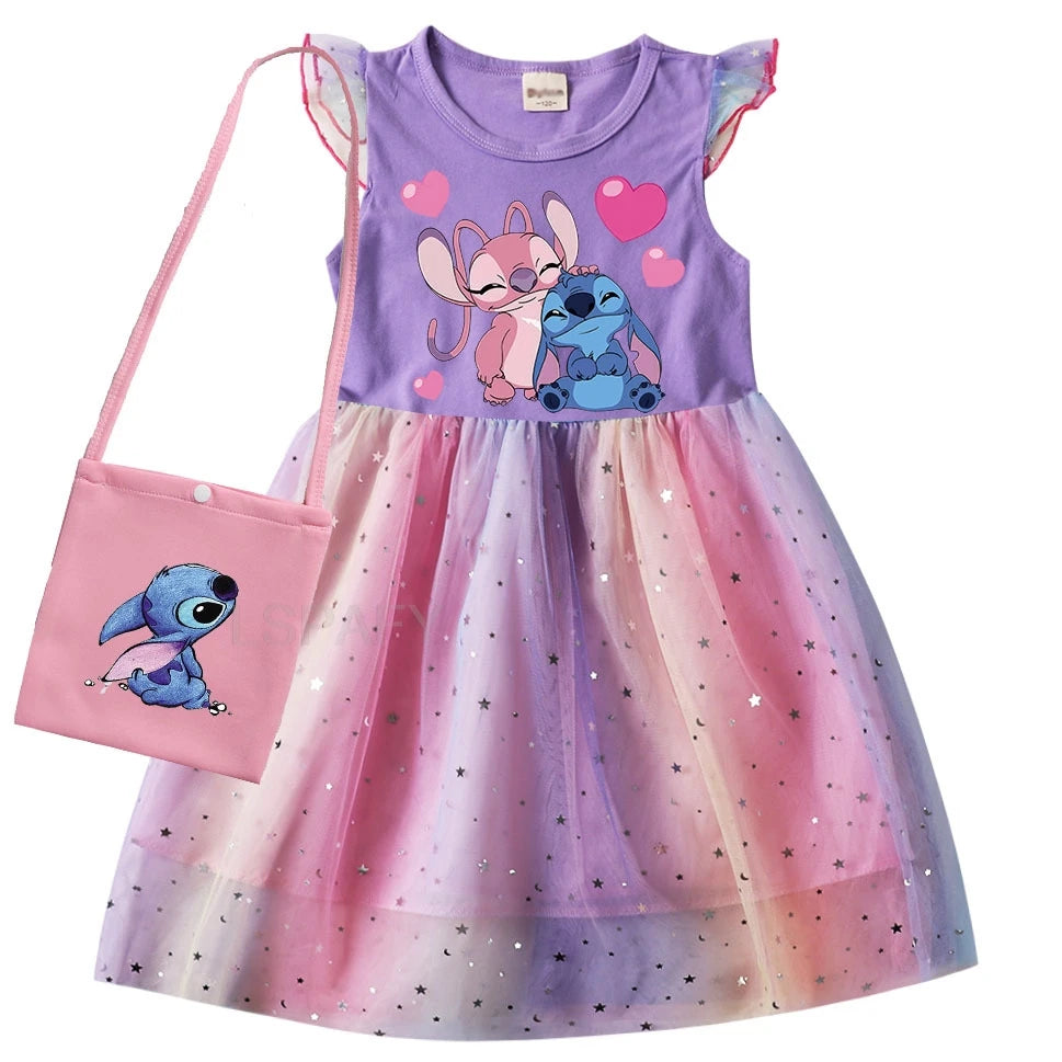 Hot Lilo And Stitch Girls Children Spring Summer Tutu Stitch Dress +Bag Kids Princess Girls Birthday Party Dress Costume