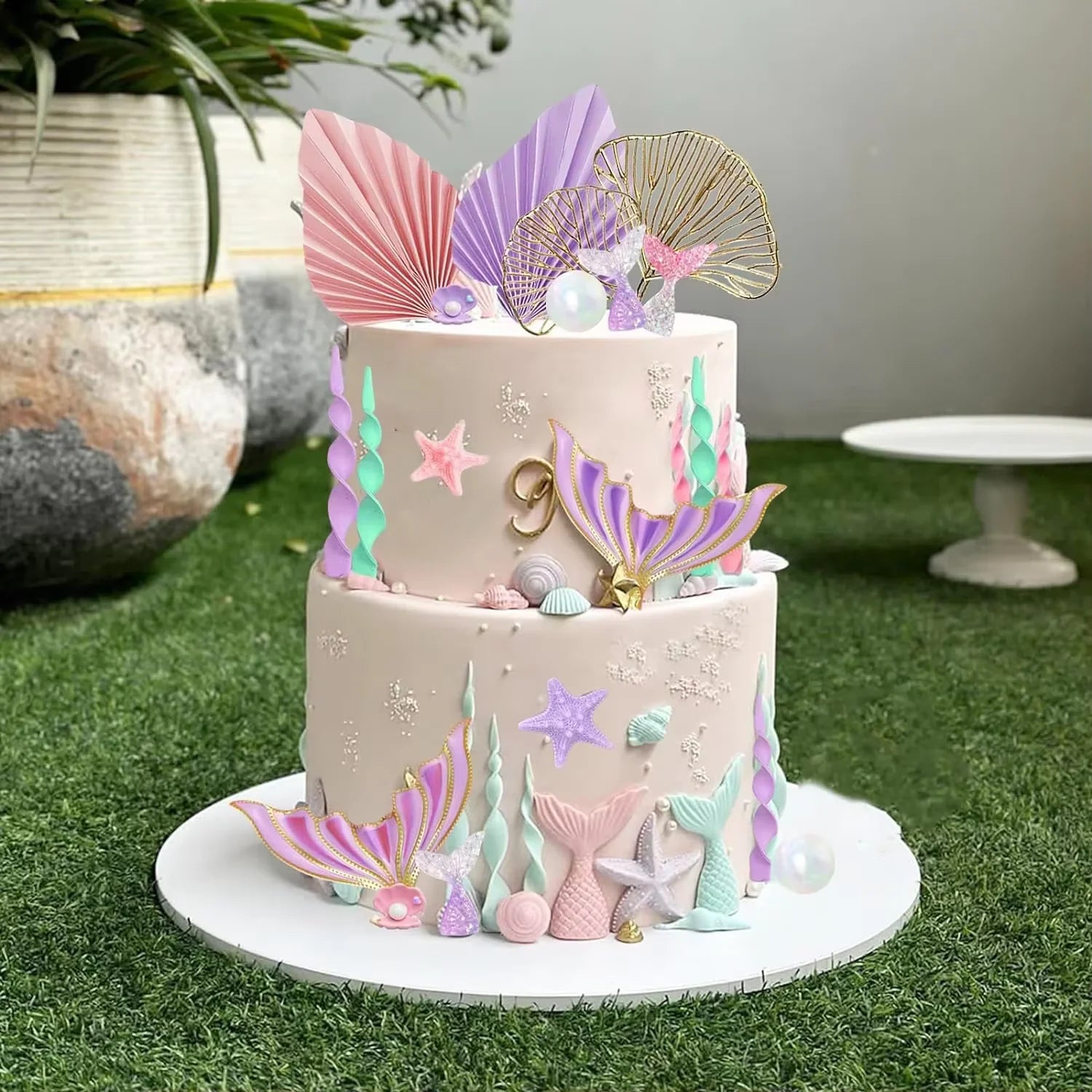 Mermaid Cake Topper Big Mermaid Tails Seaweed Bubbles Shells and Golden Ginkgo Leaves Cake Set for Mermaid Cake Decorations