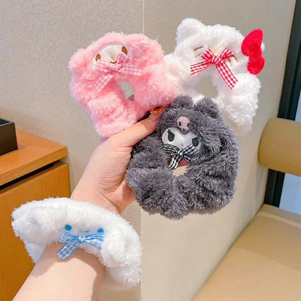 4Pcs Sanrio Hello Kitty Plush Elastic Hair Rope Cute Anime Cartoon Girls Hair Accessories Hair Band Charm Ponytail Holder Gifts