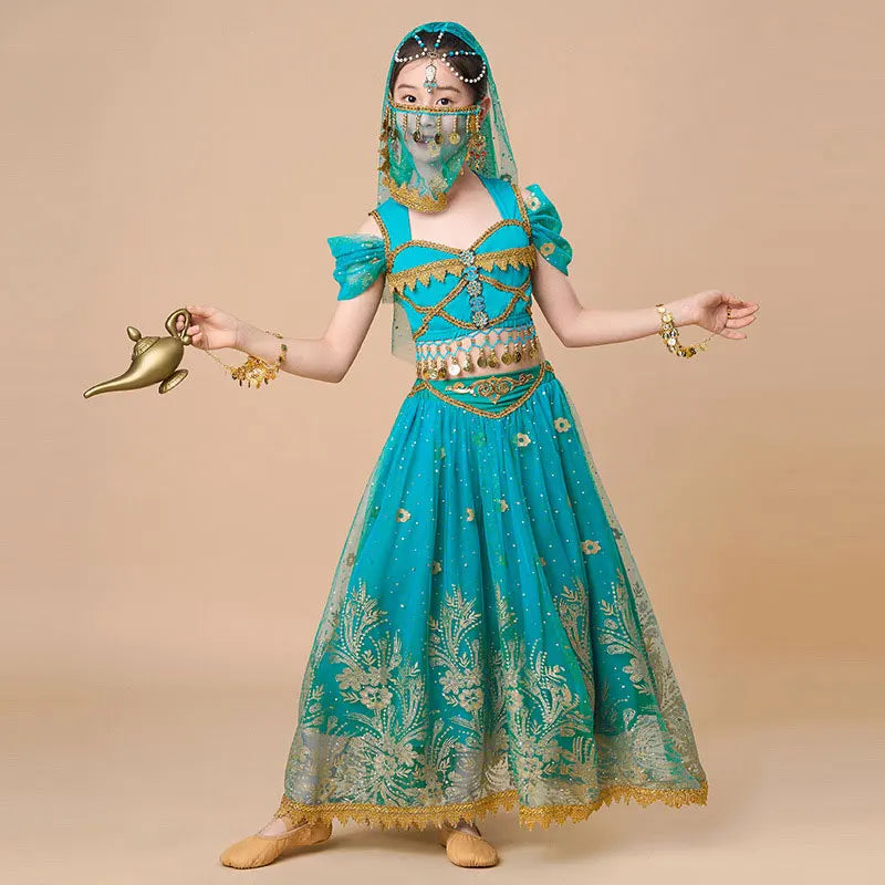  Kids India Princess Belly Dance Set Oriental Indian Dance Sari Girl Performance Costume Bollywood Children Stage Outfit