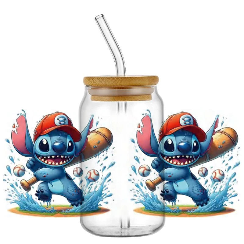 Miniso Stitch Baseball 16OZ UV DTF Cup Wraps Transfer Sticker For Glass Libbey Can Bottle waterproof DIY Custom
