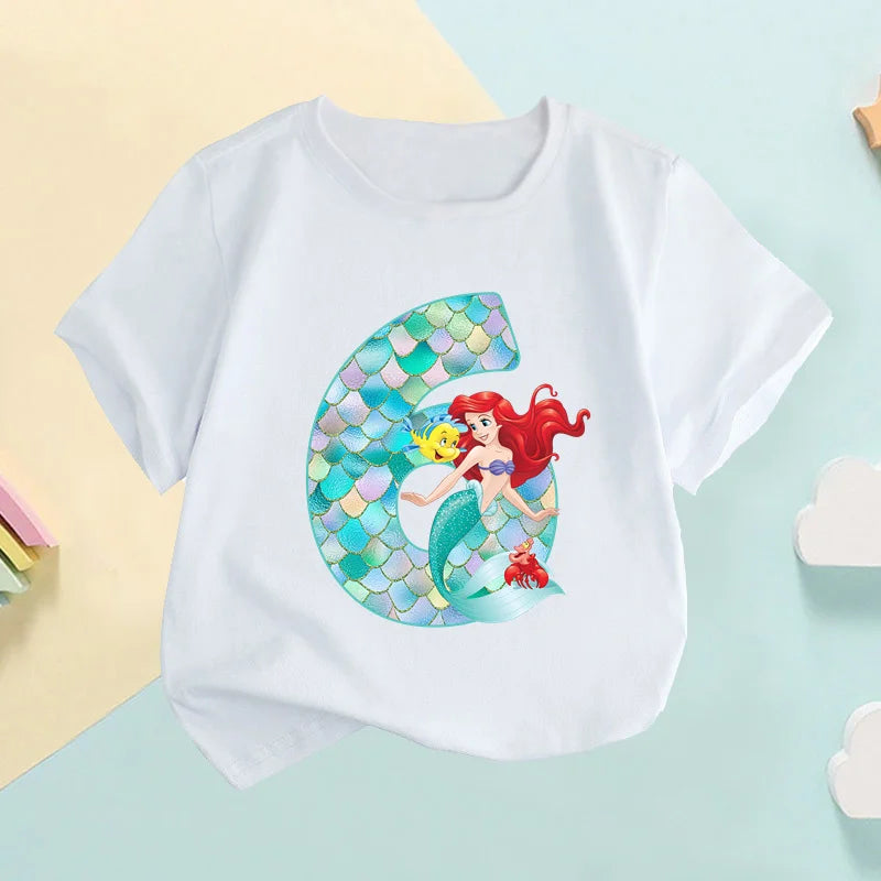 The Little Mermaid Ariel Princess Number Print Girls Clothes 1 2 3 4 5 6 7 8 9 Years Birthday Kids T shirt Baby T-Shirt,HKP2697