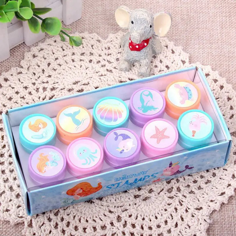 10PCS Cartoon Self-ink Stamps Toy Gift Kids Favor Mermaid Unicorn Birthday Party Children Gift Christmas Wedding Guest Giveaways