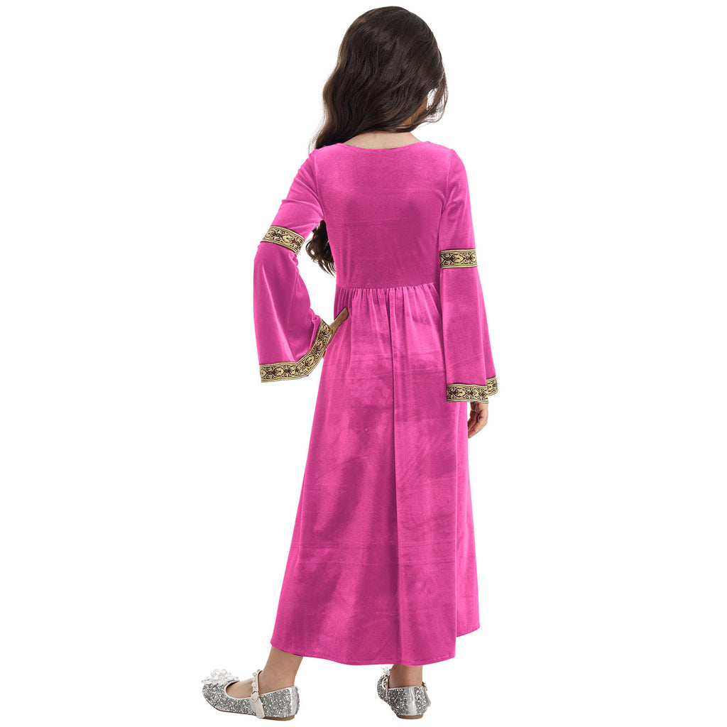 Kids Girls Medieval Renaissance Princess Costume Velvet Long Flare Sleeve Vintage Dress Gown Carnival Party Cosplay Dress Up