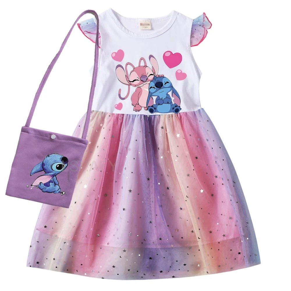 Hot Lilo And Stitch Girls Children Spring Summer Tutu Stitch Dress +Bag Kids Princess Girls Birthday Party Dress Costume