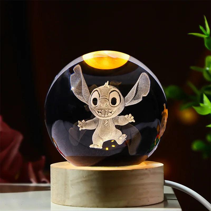 3D Crystal Ball Stitch Pikachu Kuromi Princess Hello Kitty Crystal Mini Night Lamp Desk Decoration Boy Girl Gifts