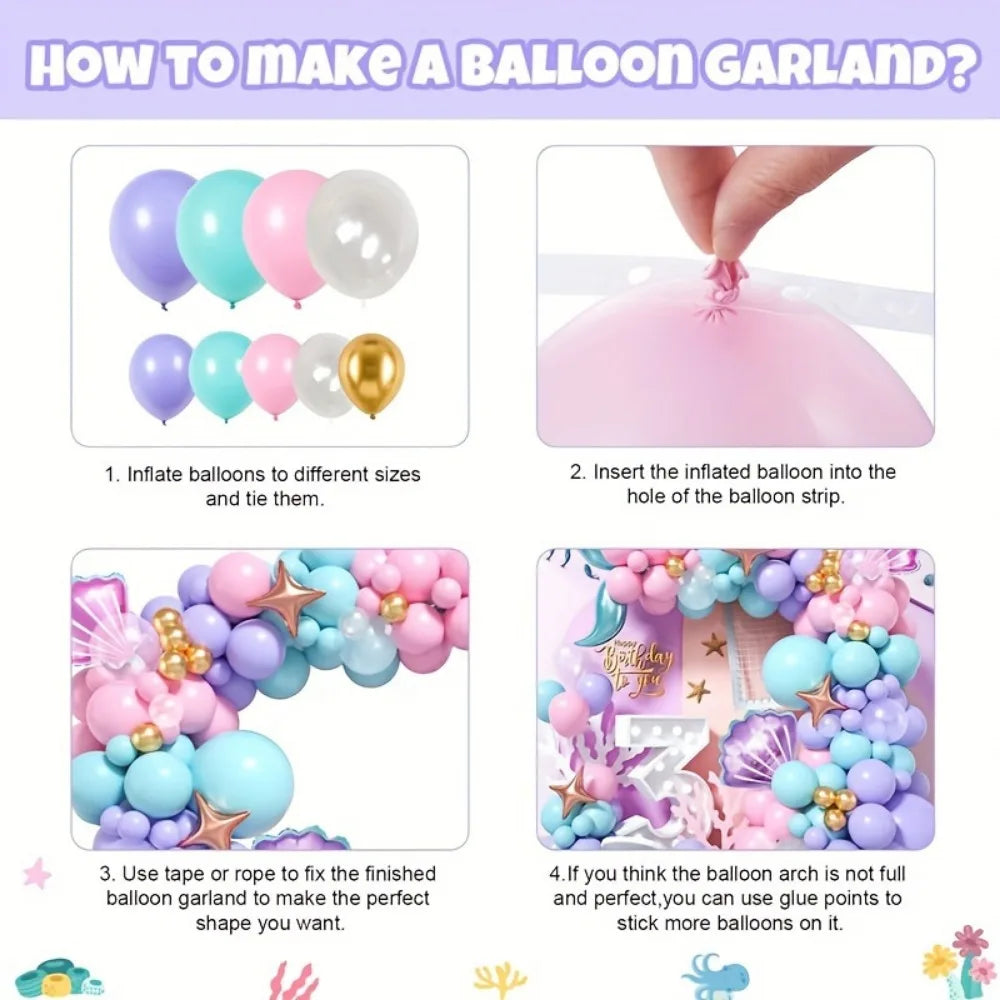 99PCS Mermaid Themed Balloon Garland Arch Set Suitable for Birthday Parties and Celebration Decorations, Indoor and Outdoor Use