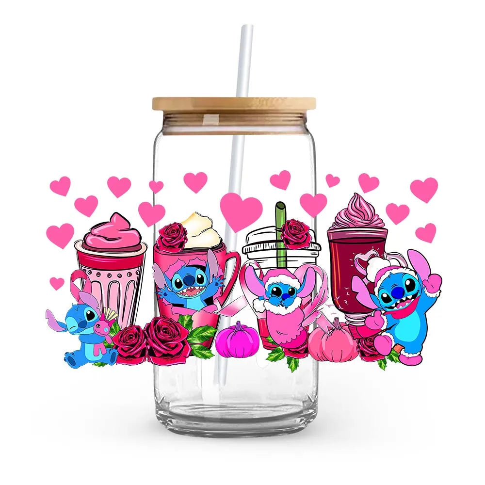 Stitch Love Cartoon Anime Stickers Romantic UV DTF Transfer Sticker Self-Adhesive Individualized Cup Adornments