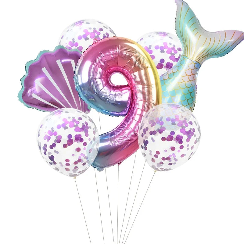 7pcs Little Mermaid Party Balloons 32inch Number Foil Balloon Kids Birthday Party Decoration Supplies Baby Shower Decor Globos
