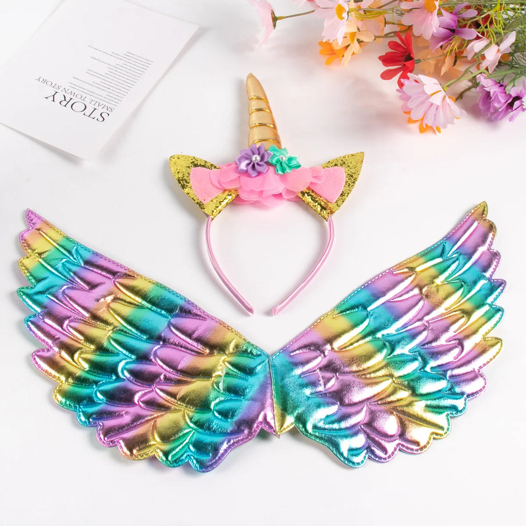 Unicorn Headband Girls' Fairy Rainbow Wings Flowers Headwear Accessory Unicorn Birthday Party Decoration Princess Dress Up Toys