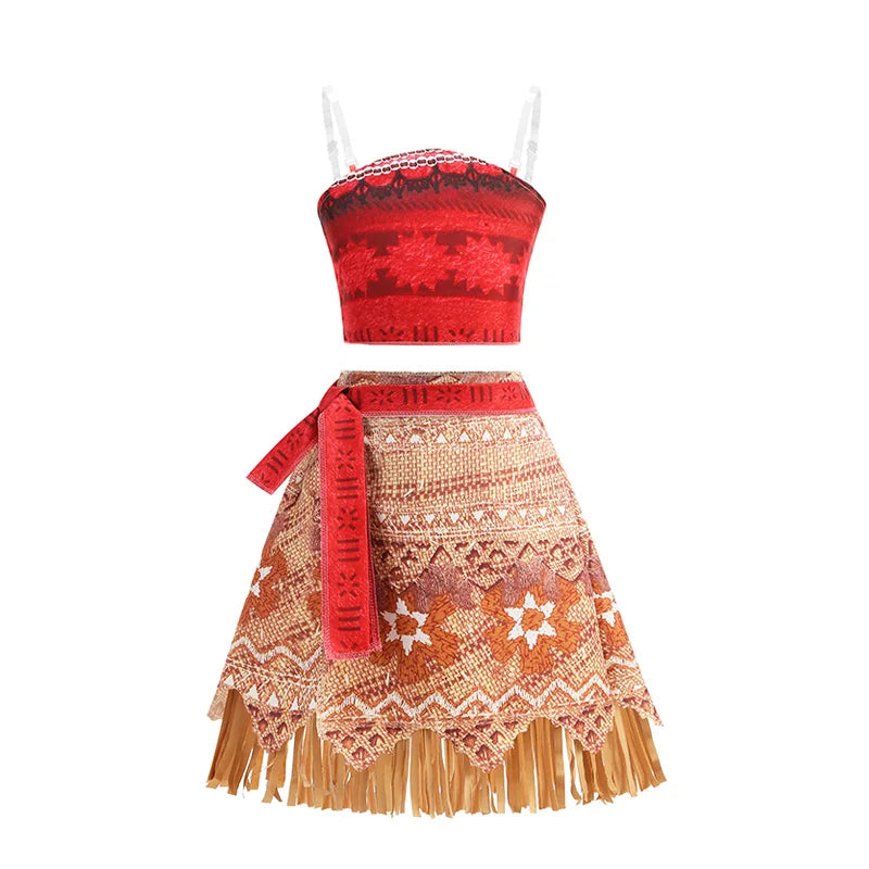 Girls Moana Princess Dress for Kids Carnival Cosplay Vaiana Costume Children Birthday Party Headwear Necklace Flower Clothes Set