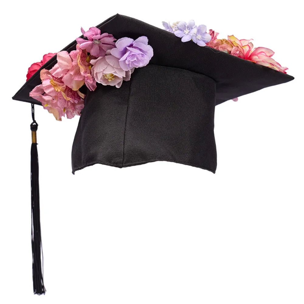 Trencher Cap DIY Flowers Graduation Cap Mortar Board Adjustable Kids Academic Hat with Tassels Bachelor Charm Ornament