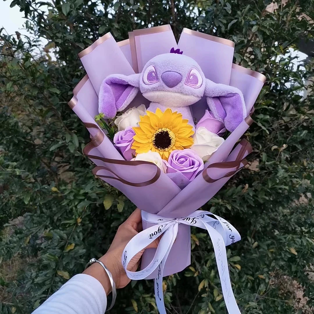 Lilo&Stitch Plush Bouquet Toy Christmas Gift Purple Blue Stuffed Rose Flower Soft Cute Cartoon Doll Valentine Graduation Gifts