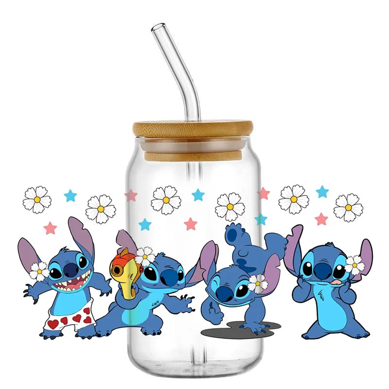 Miniso Stitch 16oz UV DTF Cup Wrap Cartoon Transfers Libbey Wrap Tumbler DIY Logo Sticker Glass Can Selfadhesive Waterproof