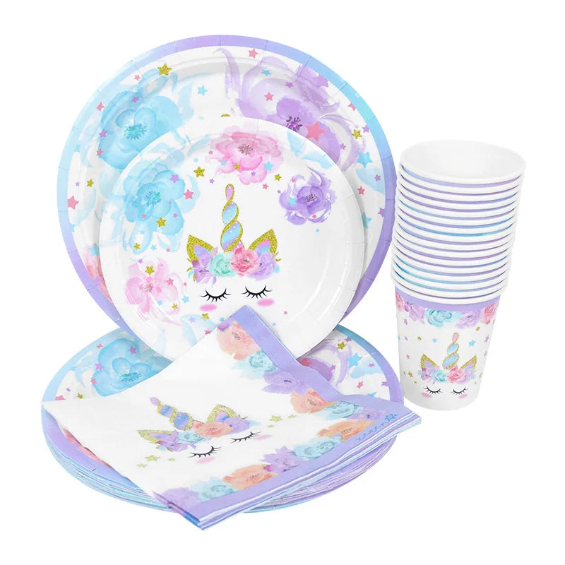 48Pcs/Set Unicorn Theme Birthday Disposable Tableware Set Paper Plates Napkins Cups Birthday Party Decoration Kids Favors Gift
