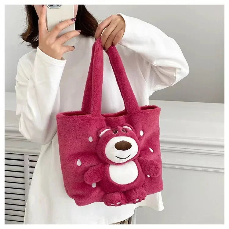 MINISO 2024 New Cartoon Plush Doll Shoulder Bag Sweet and Cute Stitch Strawberry Bear Soft Cute Girls Handbag