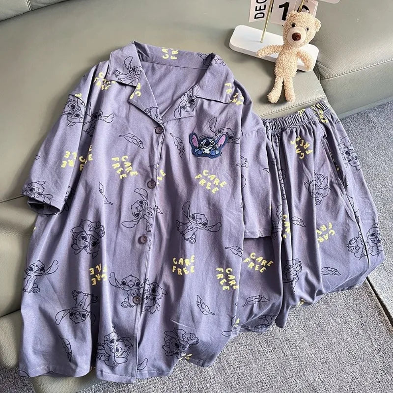 Cartoon Stitch Korean version ins couple pajamas, cute personality, comfortable summer cotton shorts, cardigan, loungewear set