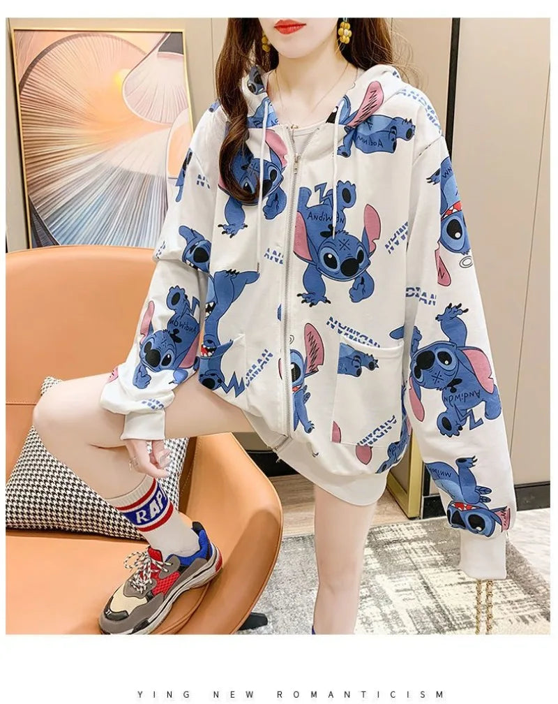 New Lilo and Stitch Hooded Sweatshirt Kawaii Women's Loose Top Thin Design Anime Printed Accessories Cartoon Cardigan Jacket