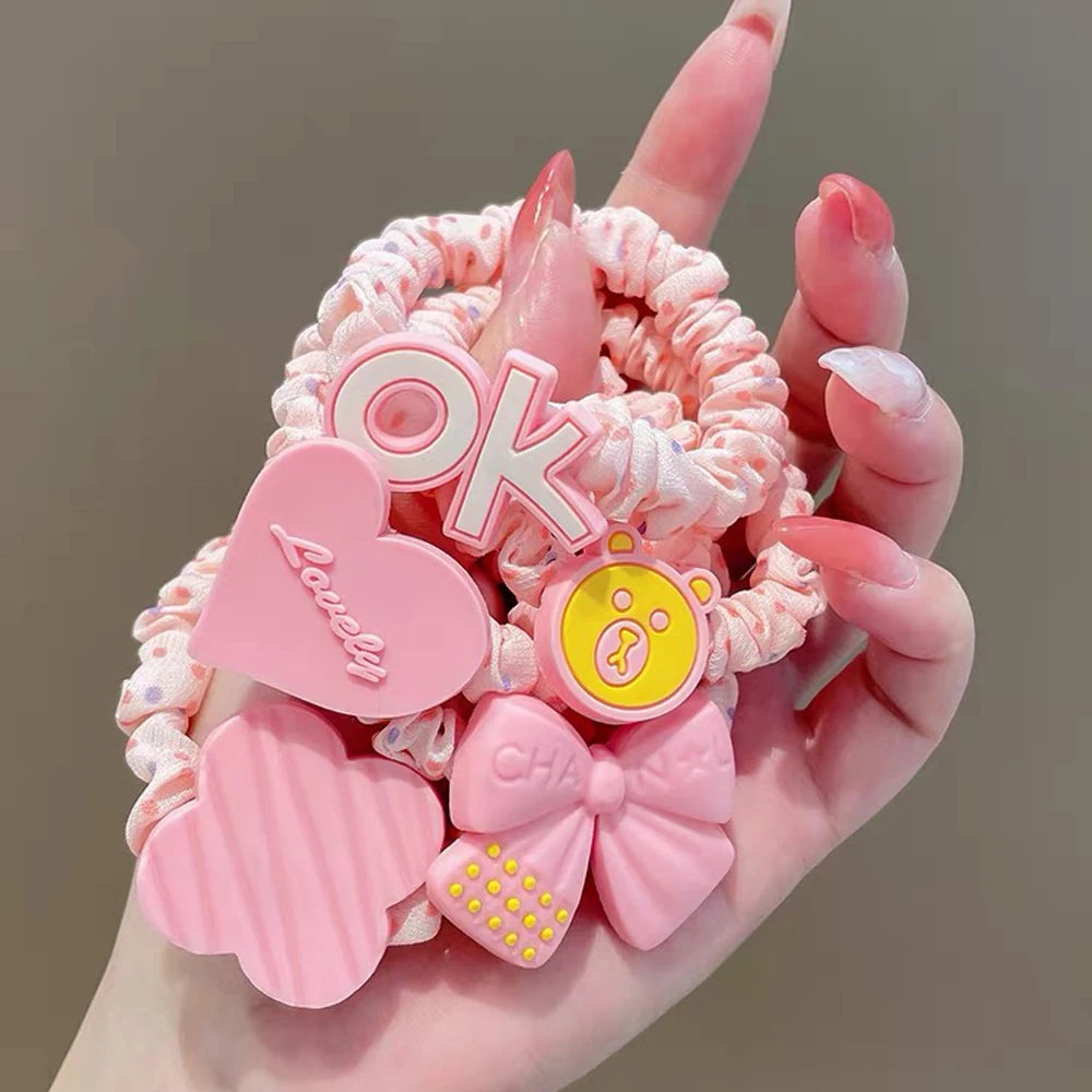 5pcs/Set Cartoon Bear Bowkont Heart Charms Scrunchies Candy Color Satin Hair Ties Ponytail Holder Hair Ropes Kid Girls Headwear