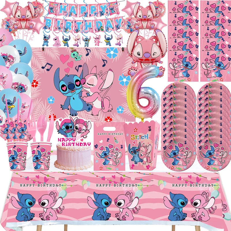 Lilo And Stitch Girl Party Birthday Decoration Set Party Supplies Tableware Stitch Balloon Banner Plate Napkin Tablecloth forkid