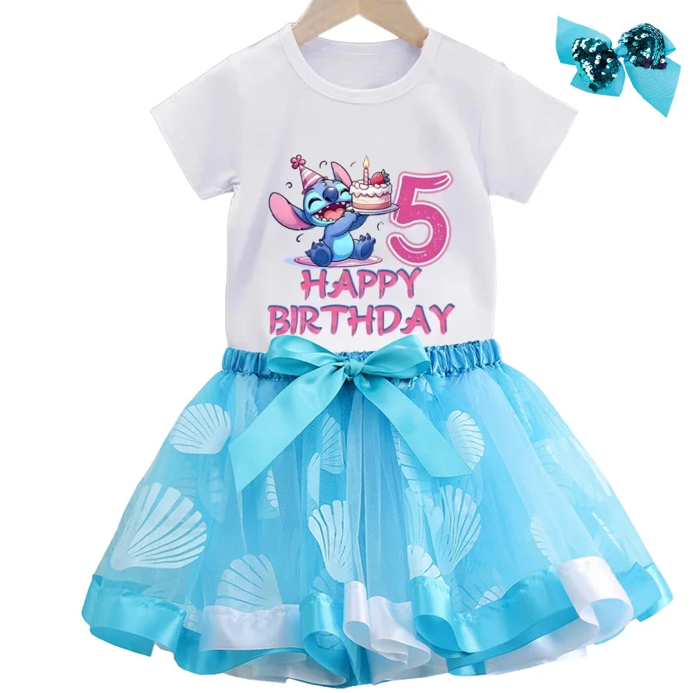 Lilo&Stitch Baby Girls Dress Sets Clothes Kids Cute Number Printed T-shirt+Skirt 2pcs Children Princess Birthday Party Costumes