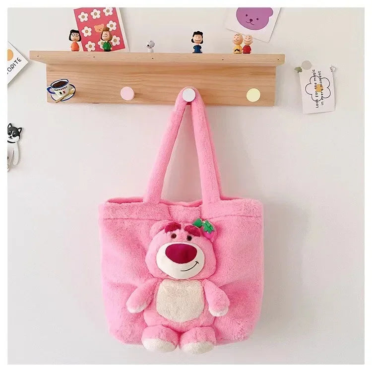 MINISO 2024 New Cartoon Plush Doll Shoulder Bag Sweet and Cute Stitch Strawberry Bear Soft Cute Girls Handbag