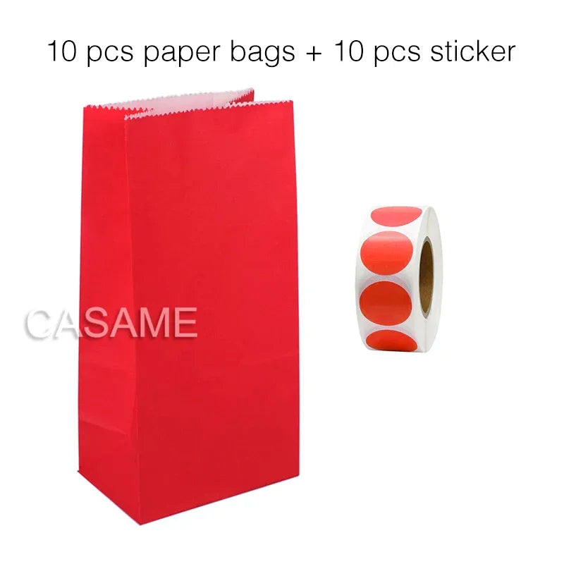 10 pcs Colorful Solid Stripe and Polka Dot Stand-Up Bags with Stickers - 18x9x6cm Favor Gift Packing Treat Bags for Wedding