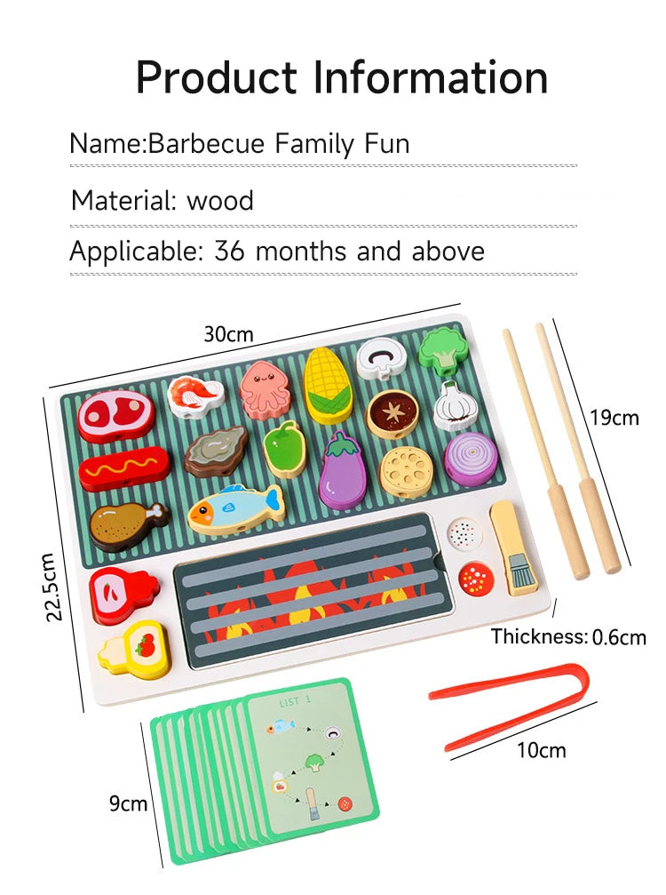 Children Wooden Barbecue Toys Kids Wooden Simulation Food Barbecue Cooking Kitchen Toys Parent-Child Interaction Play House Toys